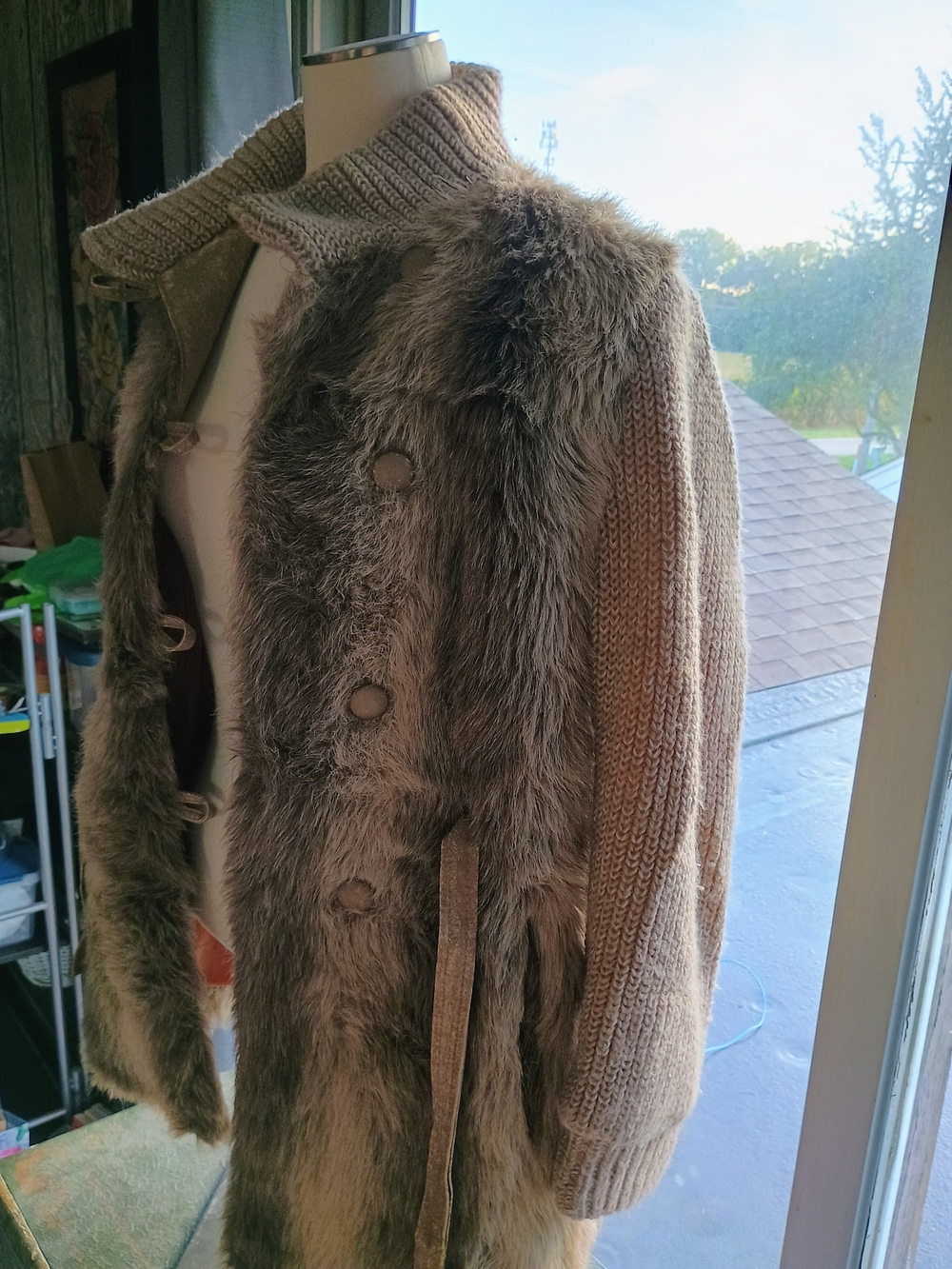 Sears Women's Brown Faux Fur & Knit Mixed Teddy Jacket - Picture 2 of 5